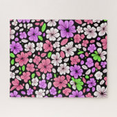 Purple and Pink Flowers and Petals Pattern Black ジグソーパズル (横)