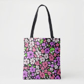 Purple and Pink Flowers and Petals Pattern Black トートバッグ (正面)