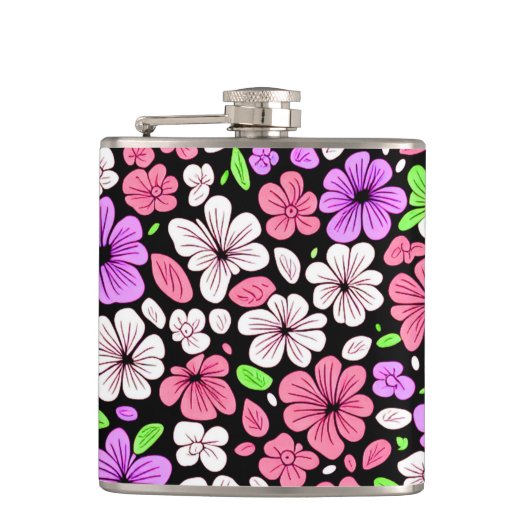 Purple and Pink Flowers and Petals Pattern Black フラスク (正面)
