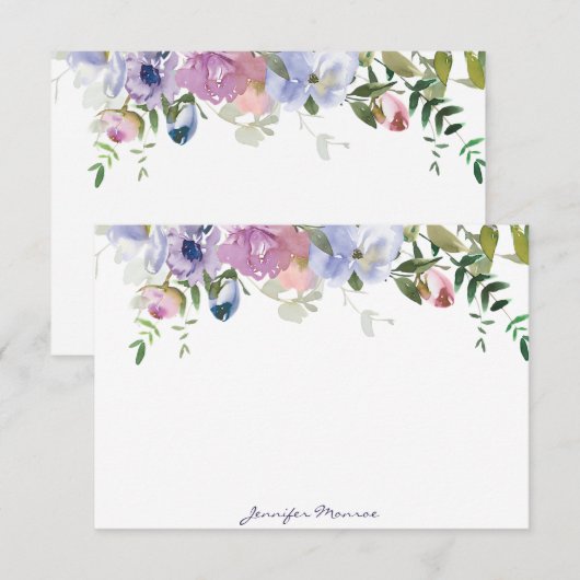 Purple and pink watercolor floral personalized ノートカード (正面/裏面)