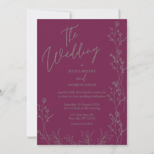 Purple and saga green thick wedding Invitation 招待状 (正面)