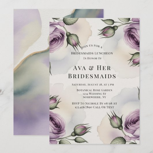Purple and Sage Green Roses Bridesmaids Luncheon 招待状 (正面/裏面)