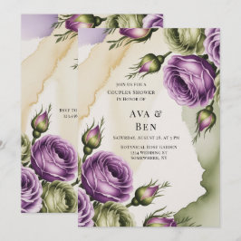 Purple and Sage Green Roses Painted Couples Shower 招待状