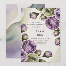 Purple and Sage Green Roses Painted Wedding 招待状