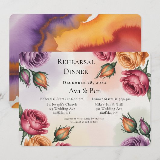 Purple and Sage Green Roses Rehearsal Dinner 招待状 (正面/裏面)