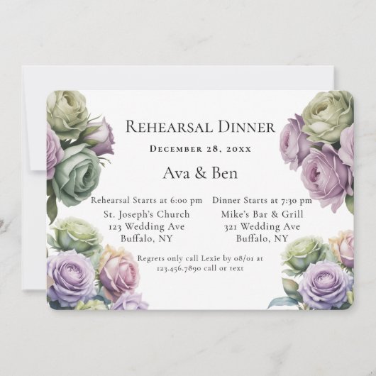 Purple and Sage Green Roses Rehearsal Dinner 招待状 (正面)