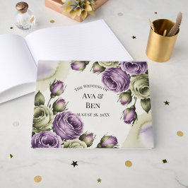 Purple and Sage Green Roses Watercolor Wedding ゲストブック