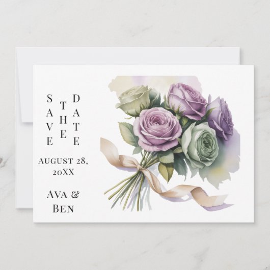 Purple and Sage Green Wedding Save The Date Cards (正面)