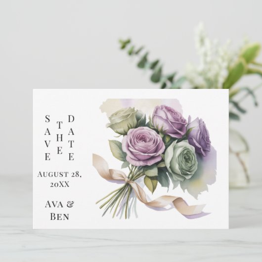 Purple and Sage Green Wedding Save The Date Cards (スタンド正面)