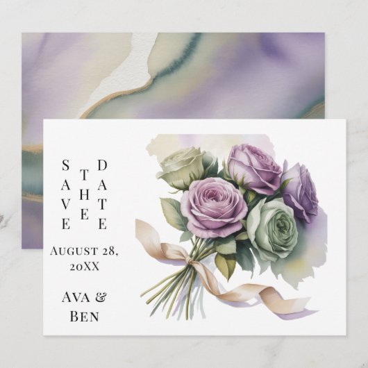 Purple and Sage Green Wedding Save The Date Cards (正面/裏面)
