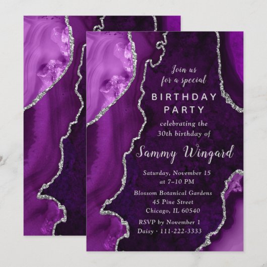 Purple and Silver Agate Marble 30th Birthday Party 招待状 (正面/裏面)