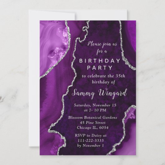 Purple and Silver Agate Marble Birthday Party 招待状 (正面)