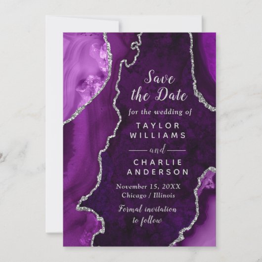 Purple and Silver Agate Marble Save The Date 招待状 (正面)