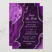 Purple and Silver Agate Marble Save The Date 招待状 (正面/裏面)
