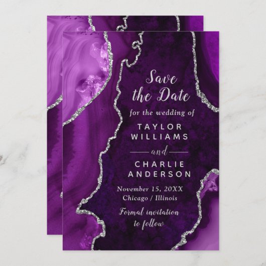 Purple and Silver Agate Marble Save The Date 招待状 (正面/裏面)