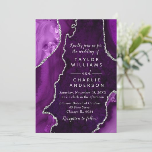 Purple and Silver Agate Marble Wedding 招待状 (スタンド正面)