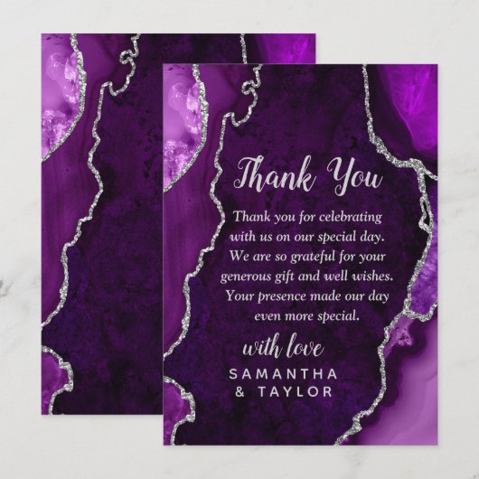 Purple and Silver Agate Marble Wedding Thank You サンキューカード (正面/裏面)