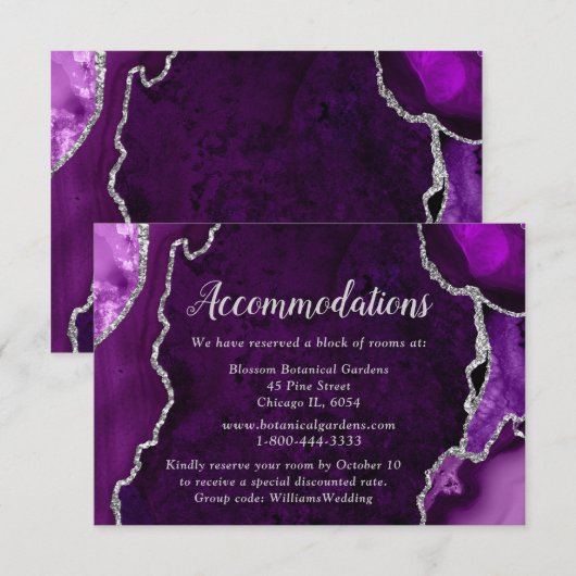 Purple and Silver Agate Wedding Accommodations エンクロージャーカード (正面/裏面)