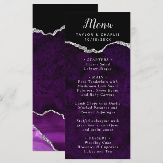 Purple and Silver Agate Wedding Menu メニュー (正面/裏面)