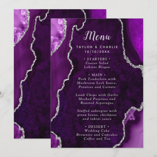 Purple and Silver Agate Wedding Menu メニュー (正面/裏面)