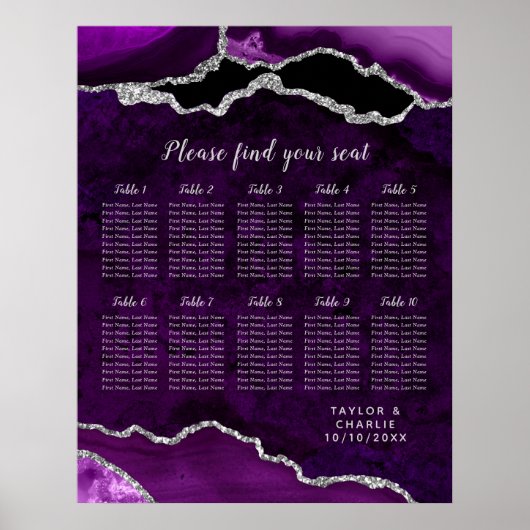 Purple and Silver Agate Wedding Seating Chart ポスター (正面)