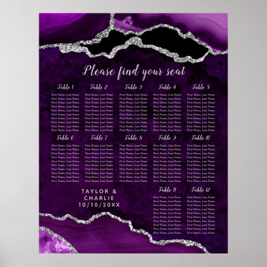 Purple and Silver Agate Wedding Seating Chart ポスター (正面)