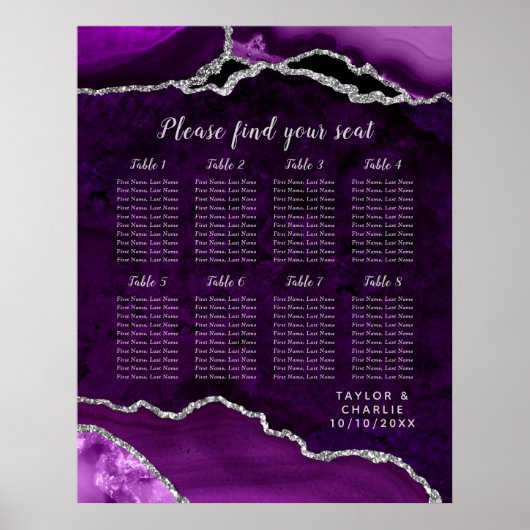 Purple and Silver Agate Wedding Seating Chart ポスター (正面)
