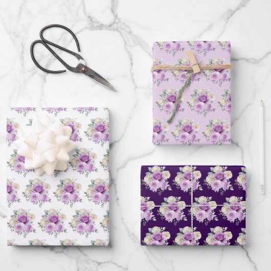 Purple and Silver Elegant Flowers ラッピングペーパーシート (正面)