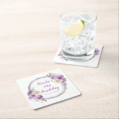 Purple and Silver Elegant Flowers Birthday スクエアペーパーコースター (インサイチュ)
