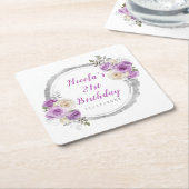 Purple and Silver Elegant Flowers Birthday スクエアペーパーコースター (アングル)