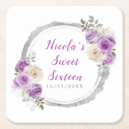 Purple and Silver Elegant Flowers Sweet Sixteen スクエアペーパーコースター