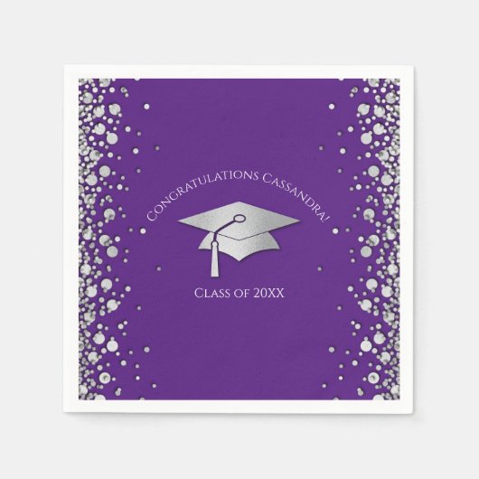 Purple and Silver Graduation スタンダードカクテルナプキン (正面)