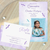 Purple and Turquoise, Dragonflies Quinceañera 招待状