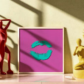 Purple and Turquoise Kissing Lips ポスター