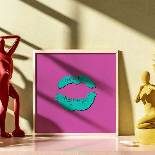 Purple and Turquoise Kissing Lips ポスター