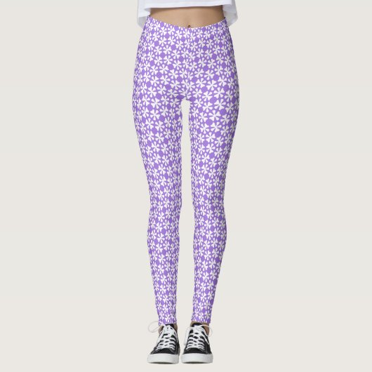 Purple and White Modern Geometric Floral Pattern レギンス (正面)