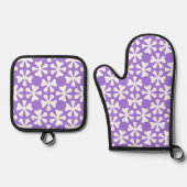 Purple and White Modern Geometric Floral Pattern 鍋つかみ&鍋敷きセット (正面)