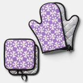 Purple and White Modern Geometric Floral Pattern 鍋つかみ&鍋敷きセット (正面/裏面)
