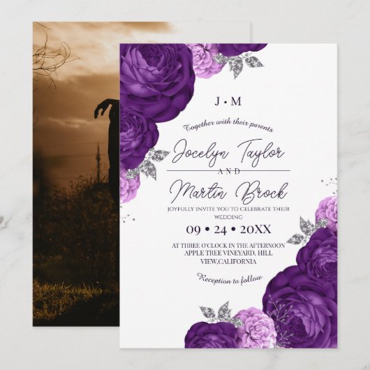 Purple  and White Modern Whimsical Flora Wedding  招待状 (正面/裏面)