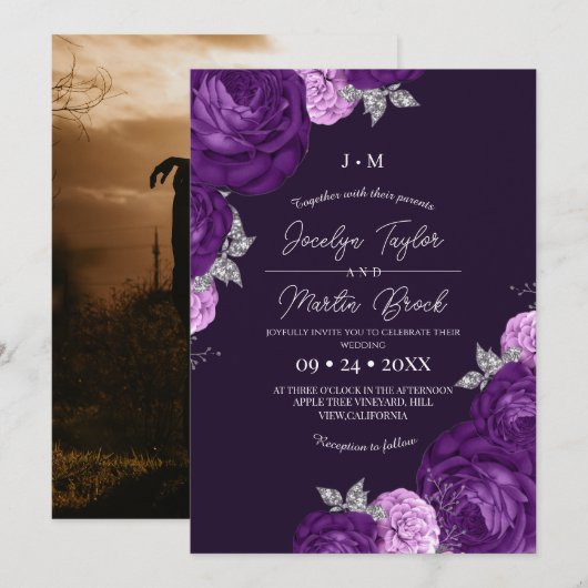 Purple  and White Modern Whimsical Flora Wedding  招待状 (正面/裏面)