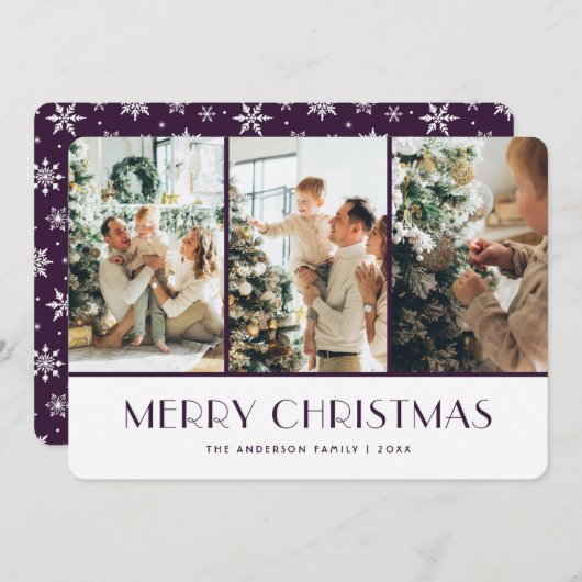 Purple and White Snowflakes Photo Christmas Card シーズンカード (正面/裏面)