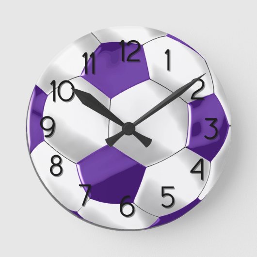 Purple and White Soccer Ball ラウンド壁時計 (正面)