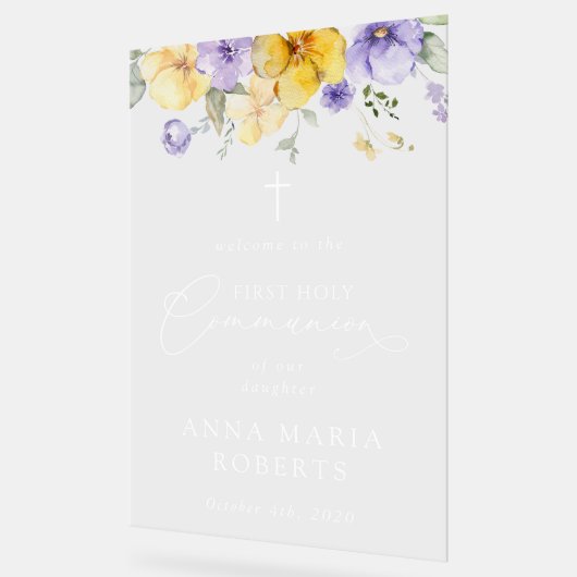 Purple and Yellow Flowers, First Communion Welcome アクリルサイン (傾斜)