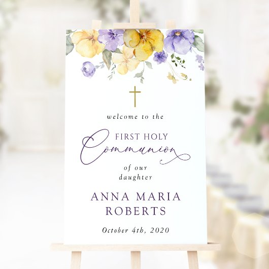 Purple and Yellow Flowers, First Communion Welcome ポスター