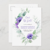 Purple Anemones Greenery Frame日付の保存 案内ポストカード (正面/裏面)