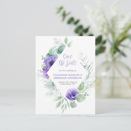 Purple Anemones Greenery Frame日付の保存 案内ポストカード (スタンド正面)