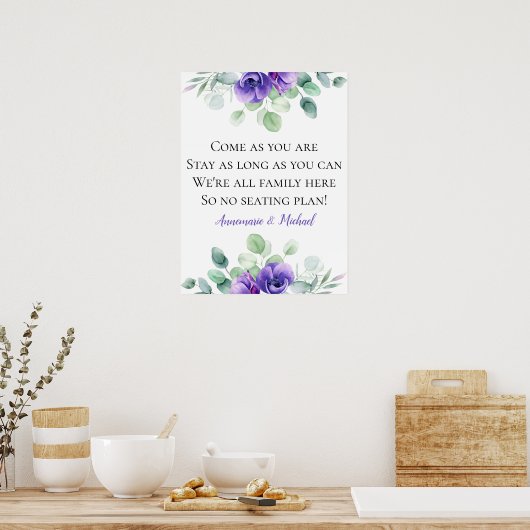 Purple Anemones No Seating Plan Wedding Sign ポスター (キッチン)