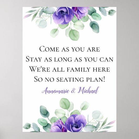 Purple Anemones No Seating Plan Wedding Sign ポスター (正面)