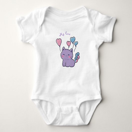 Purple anime kitten and hearts, personalized ベビーボディスーツ (正面)