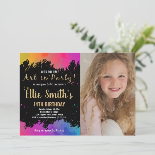 Purple Artのパーティー絵を描誕生日 招待状 (スタンド正面)